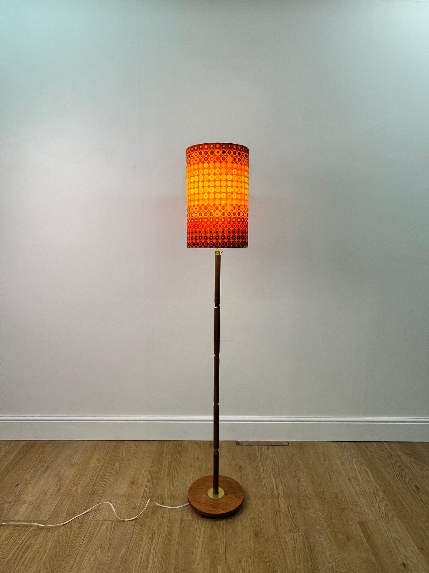 1960s teak and brass standard lamp with vintage fabric shade