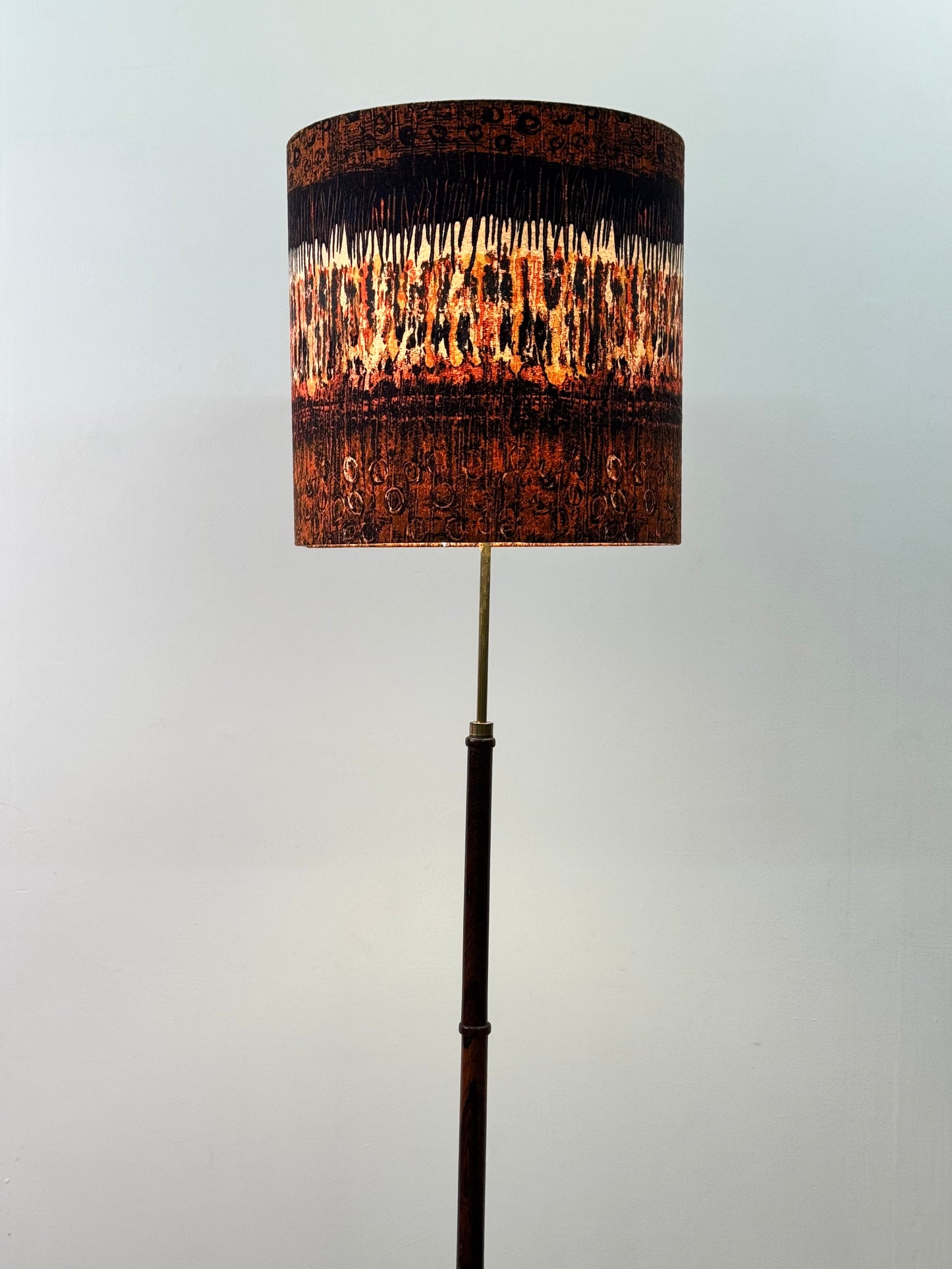 1960s rosewood and brass standard lamp with vintage Heals fabric shade