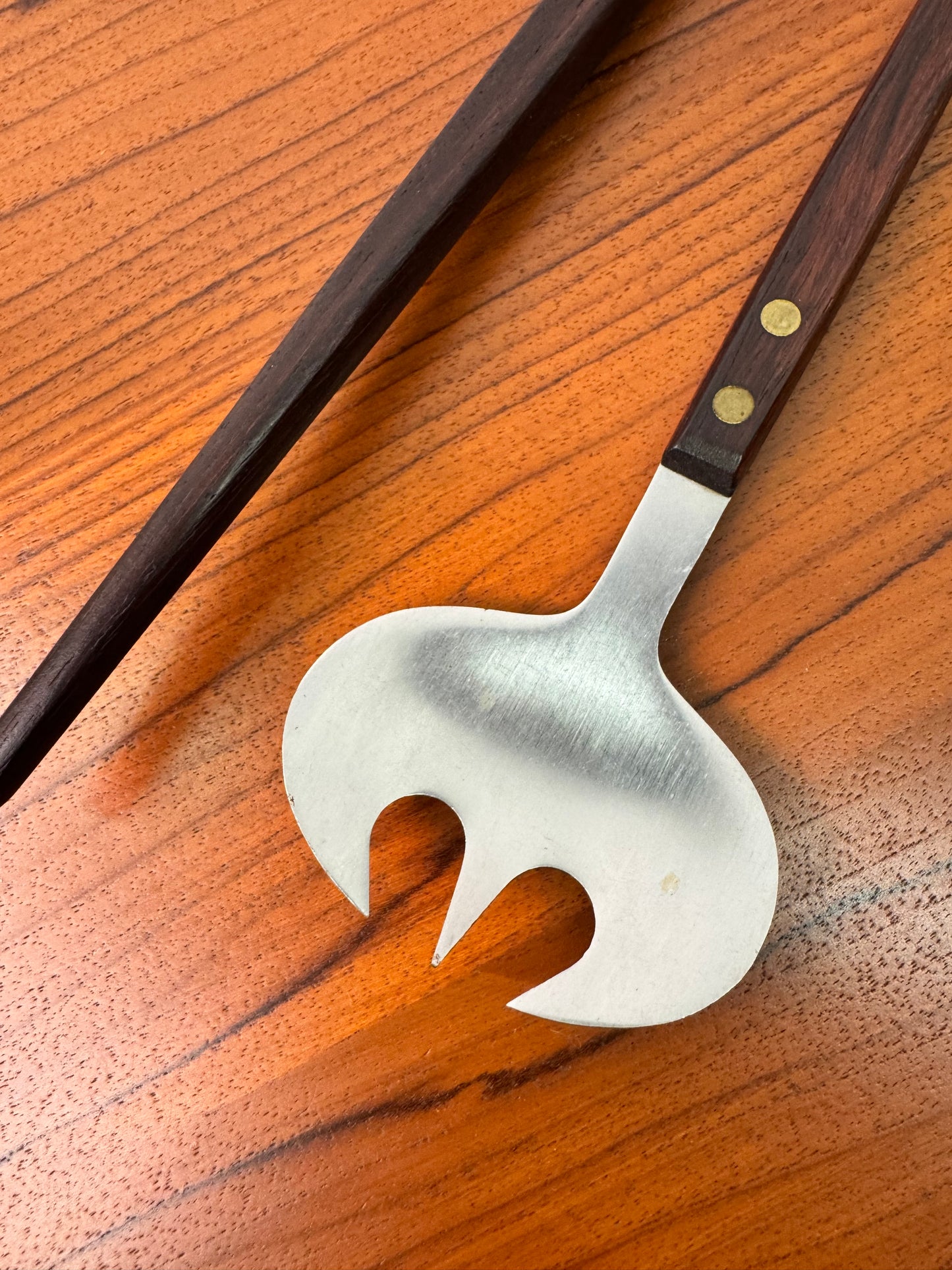 Stainless steel and teak salad servers