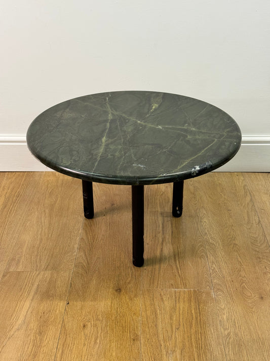 1980s marble top circular occasional table on black steel legs