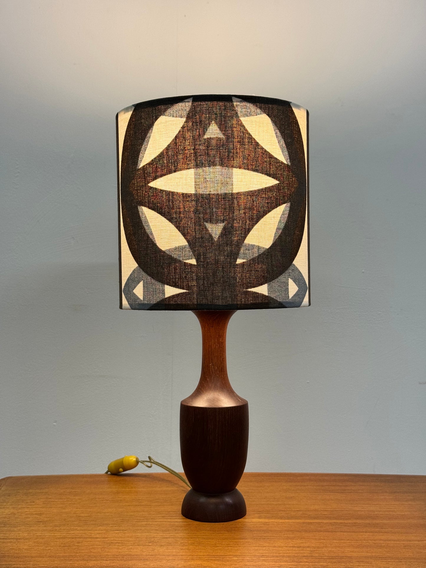 1960s teak table lamp with vintage fabric shade
