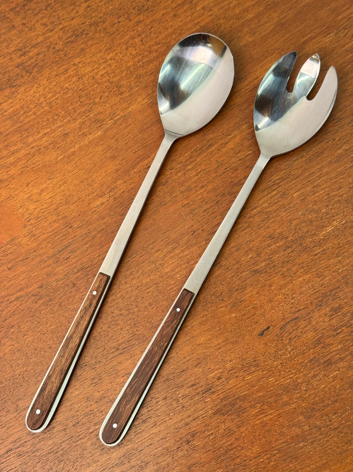 1960s stainless steel and wood salad servers