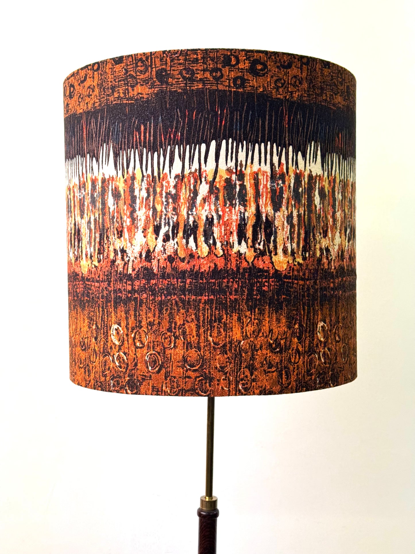 1960s rosewood and brass standard lamp with vintage Heals fabric shade