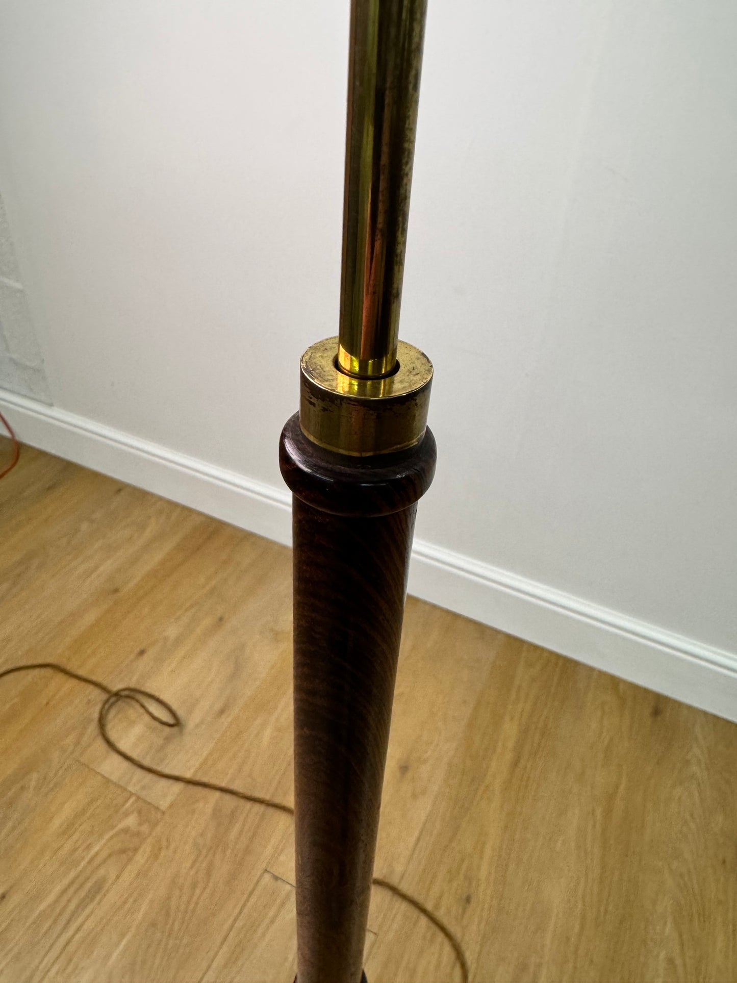 1960s rosewood and brass standard lamp with vintage Heals fabric shade