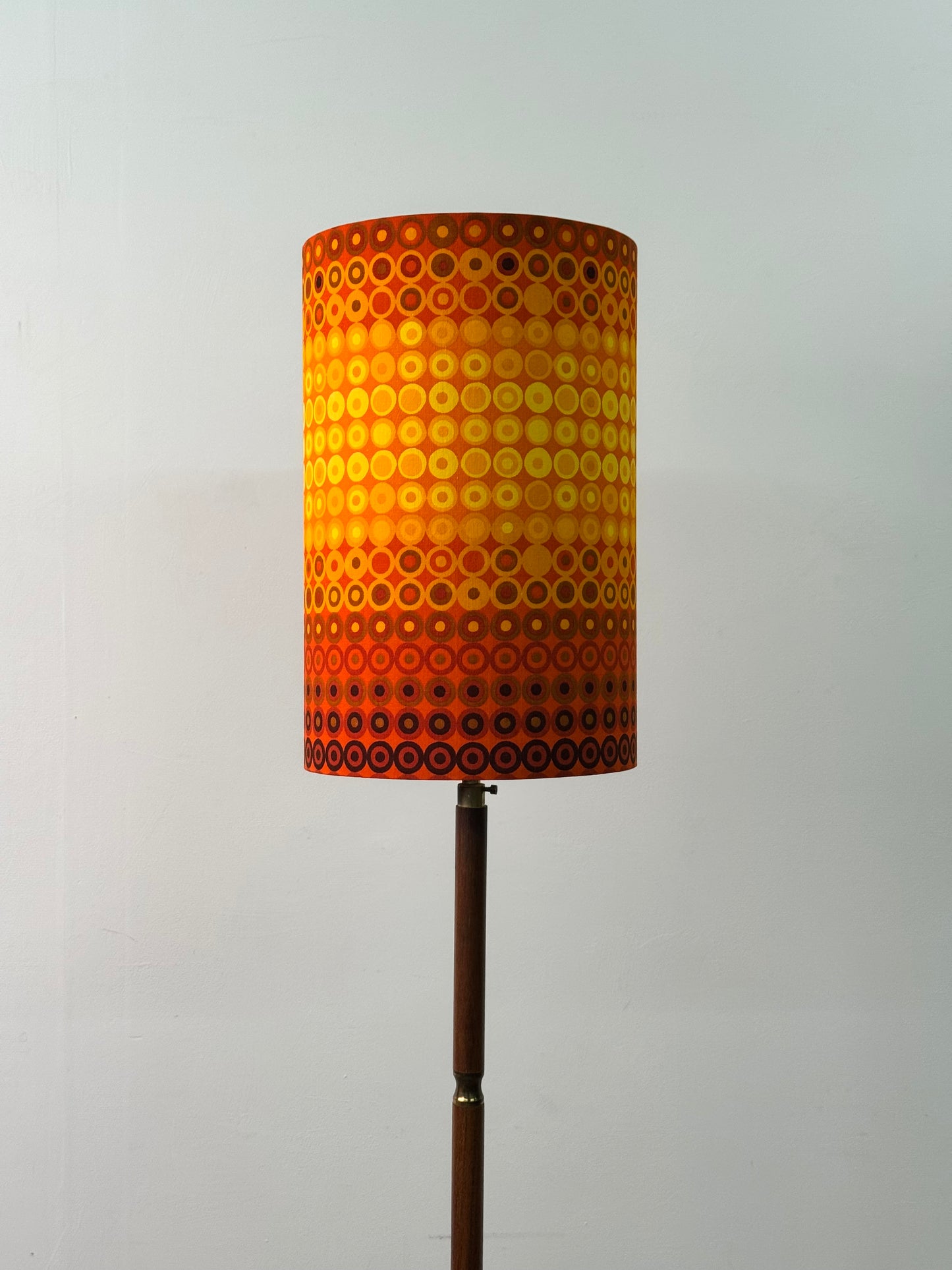 1960s teak and brass standard lamp with vintage fabric shade
