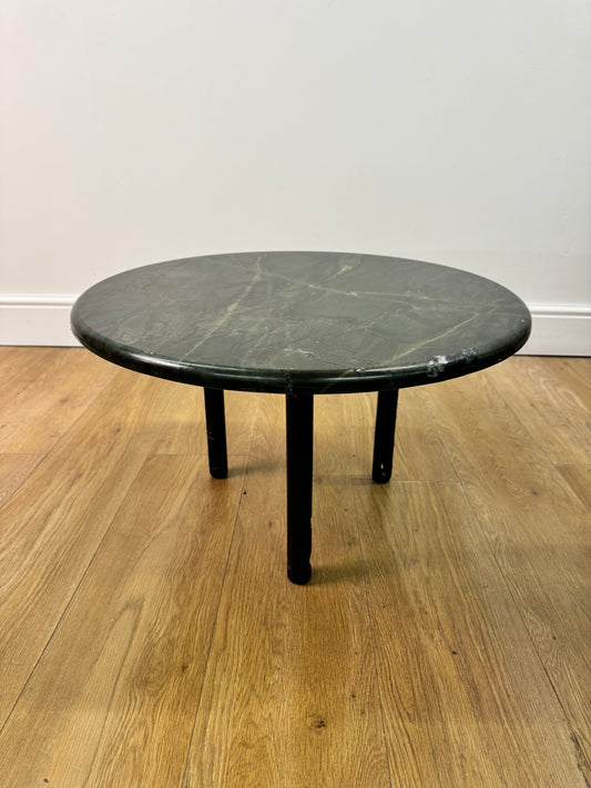 1980s marble top circular occasional table on black steel legs