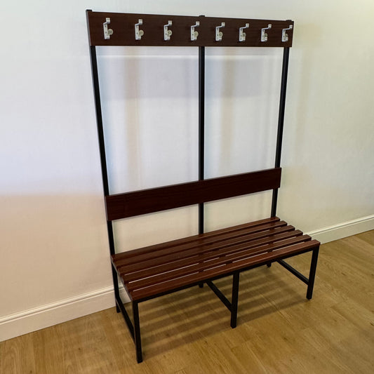 1970s changing room slatted bench and coat stand