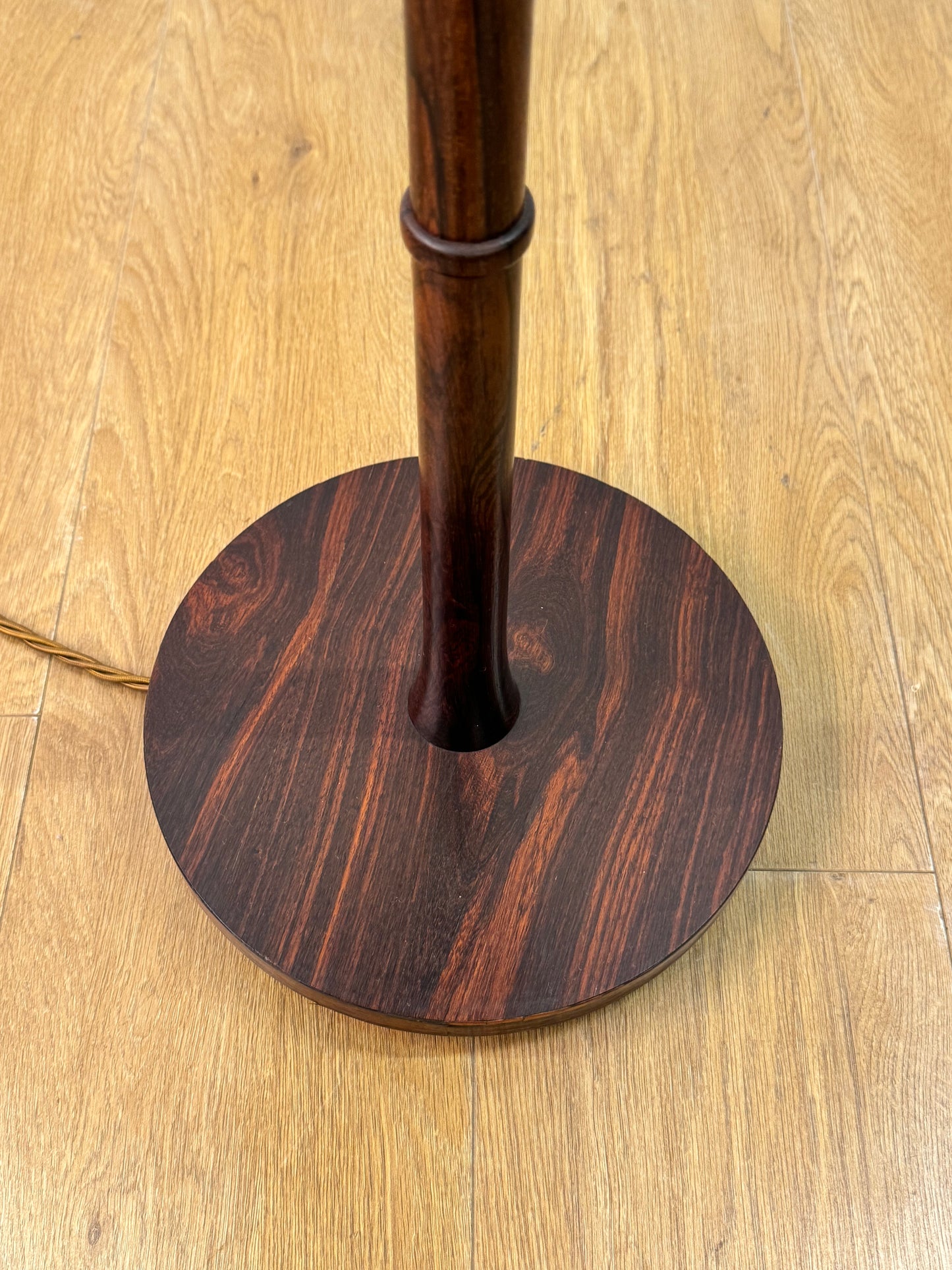 1960s rosewood and brass standard lamp with vintage Heals fabric shade