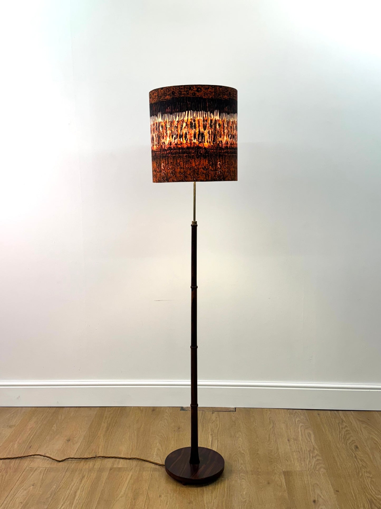 1960s rosewood and brass standard lamp with vintage Heals fabric shade