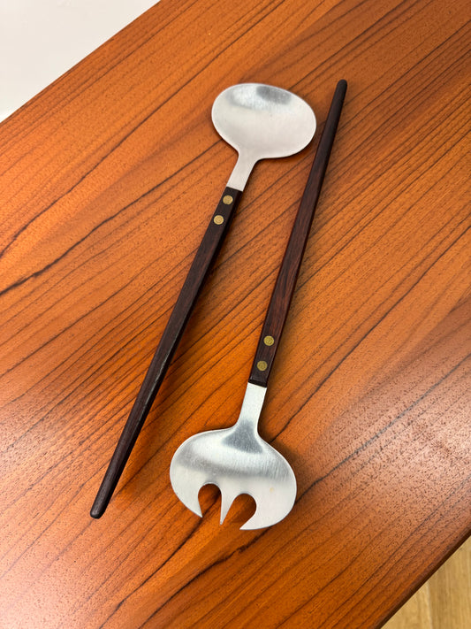 Stainless steel and teak salad servers