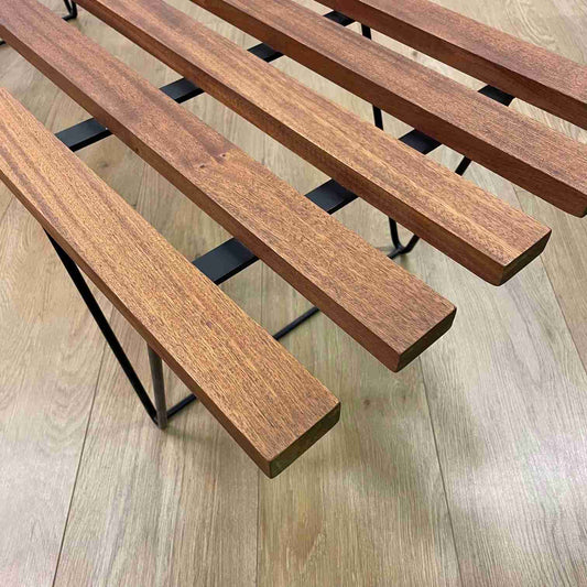 Mid century slatted bench on steel legs by Brianco