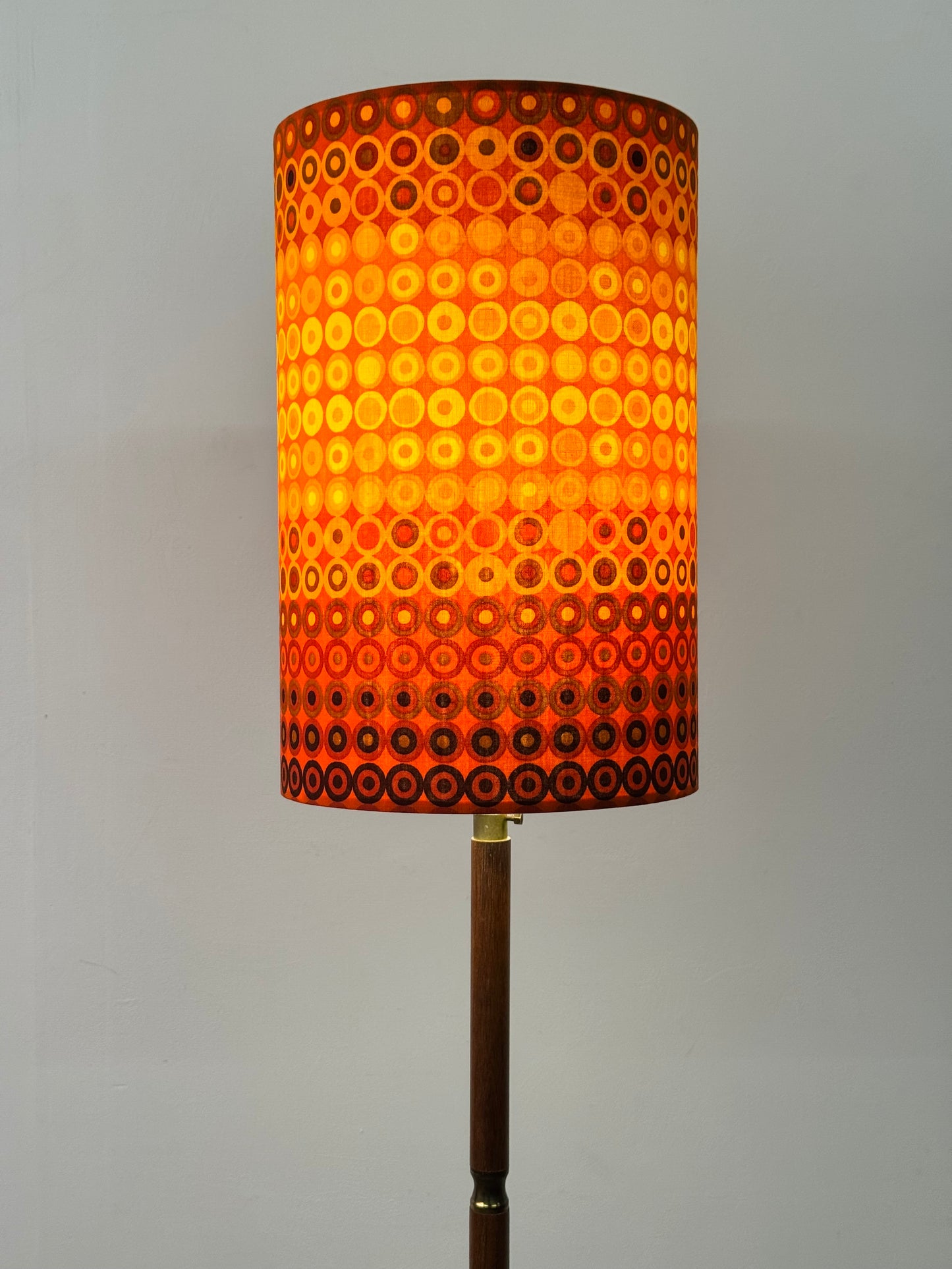 1960s teak and brass standard lamp with vintage fabric shade