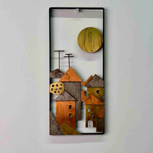 Mixed metal village scene with sun 1970s