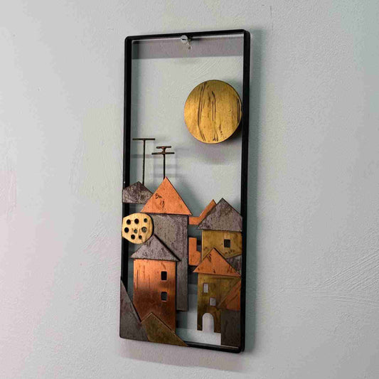 Mixed metal village scene with sun 1970s