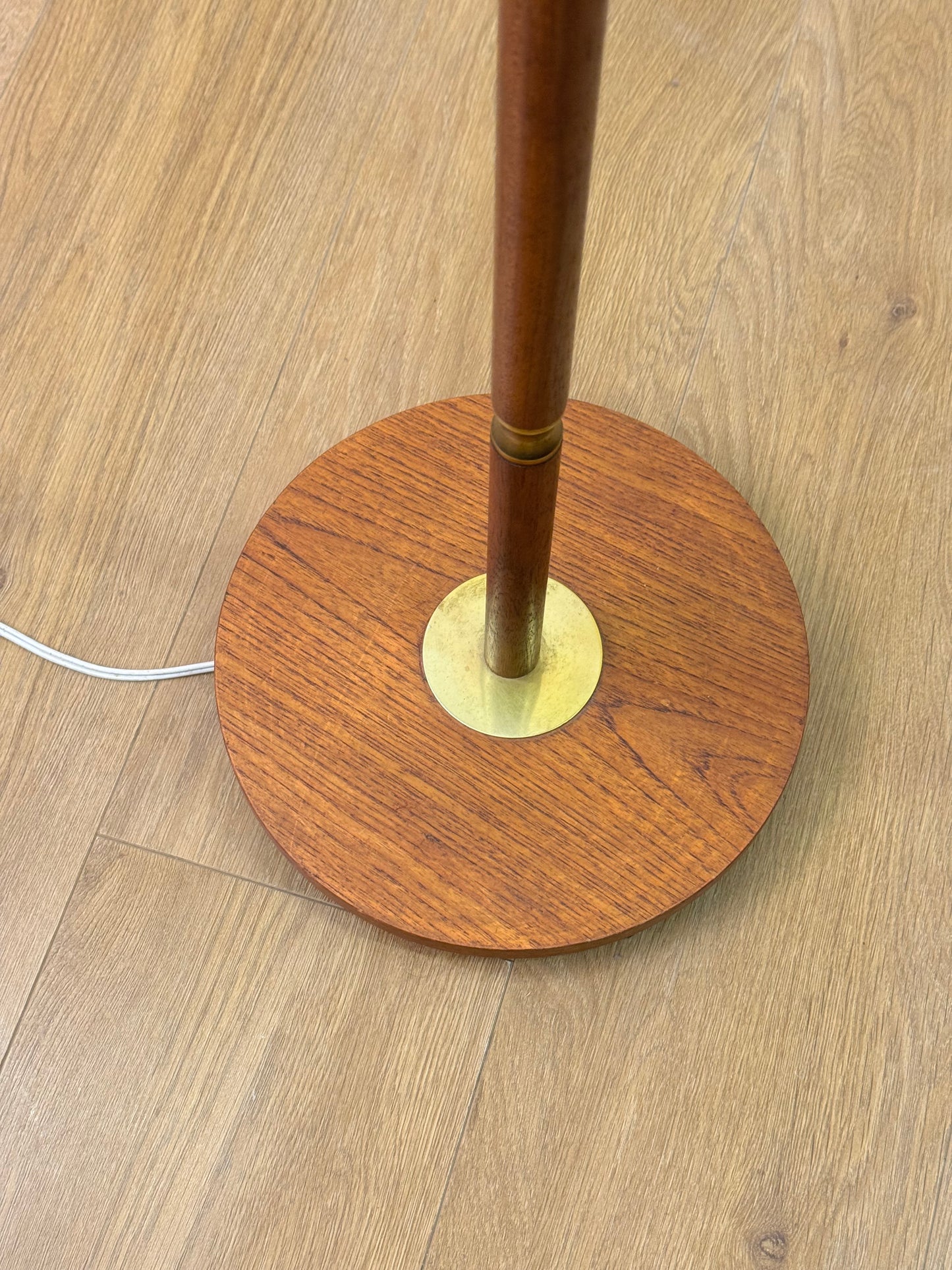 1960s teak and brass standard lamp with vintage fabric shade