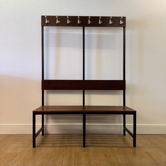1970s changing room slatted bench and coat stand