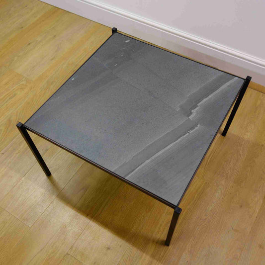 1960s green marble top coffee table on black steel legs