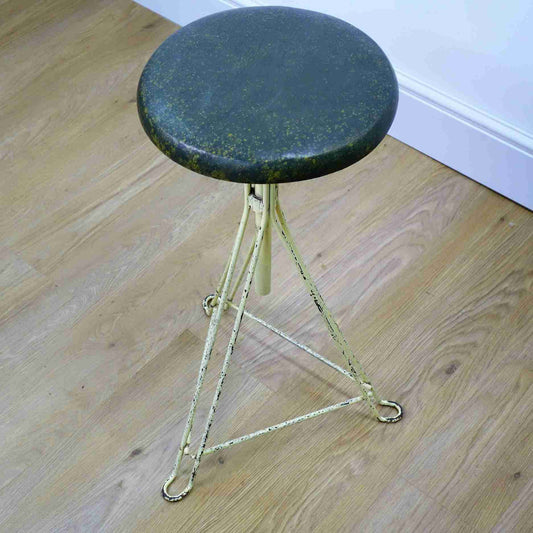 Vintage 1950s adjustable wood and metal 3 leg stool
