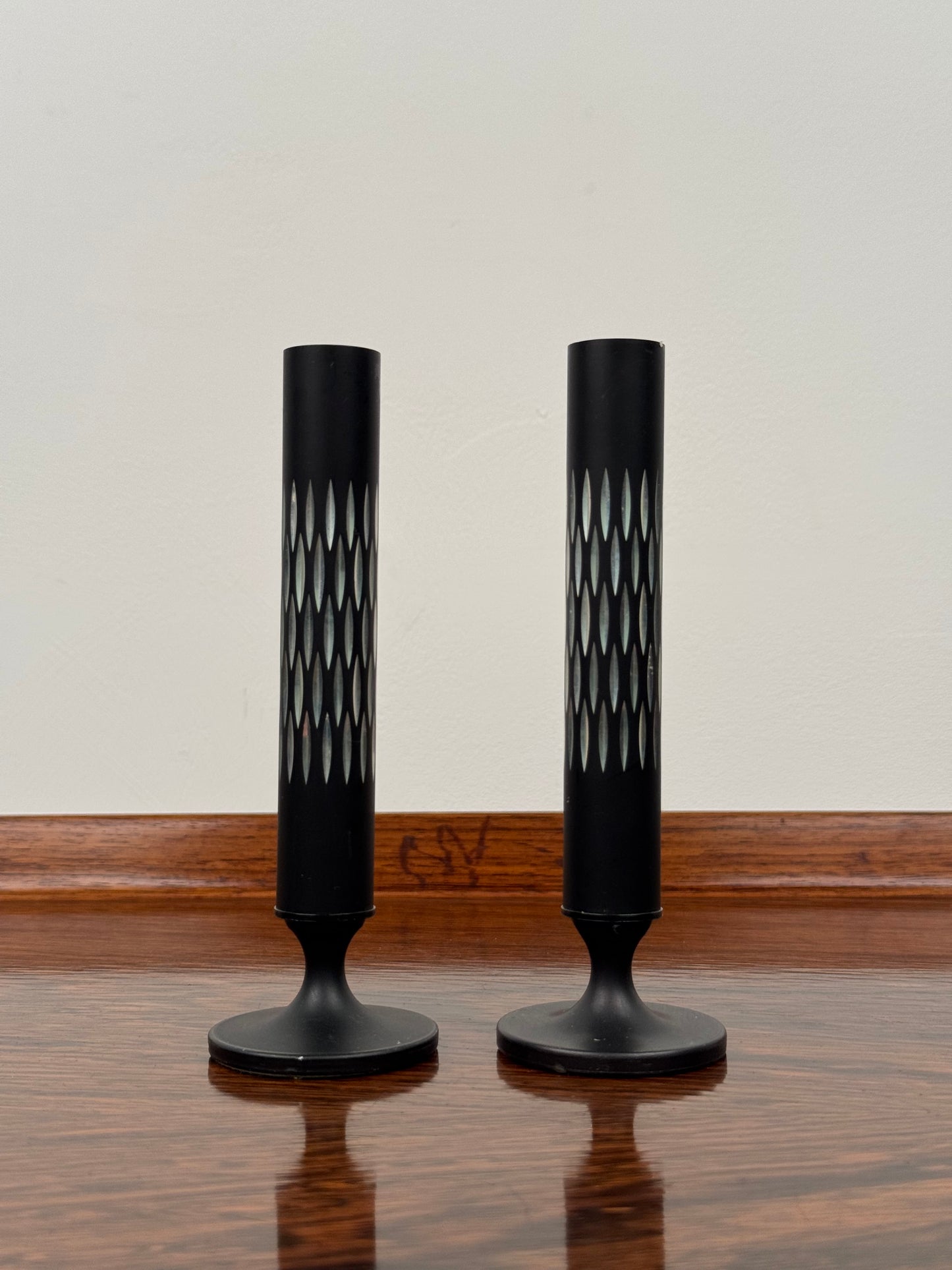 60s black anodised stem vases by Conrah