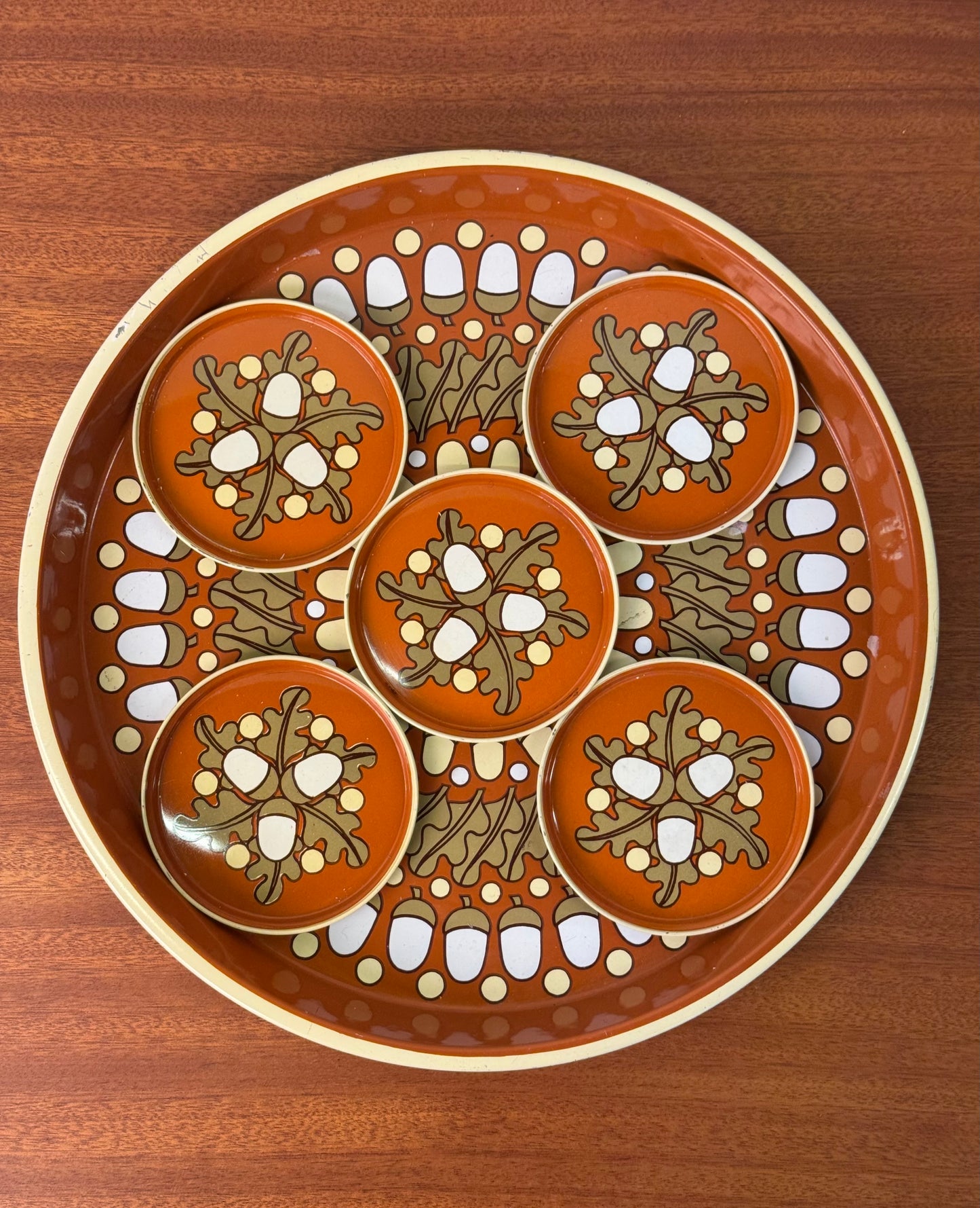1960s metal tray and coaster set