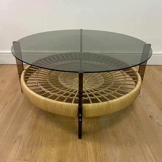 1970s glass perspex and wicker circular coffee table
