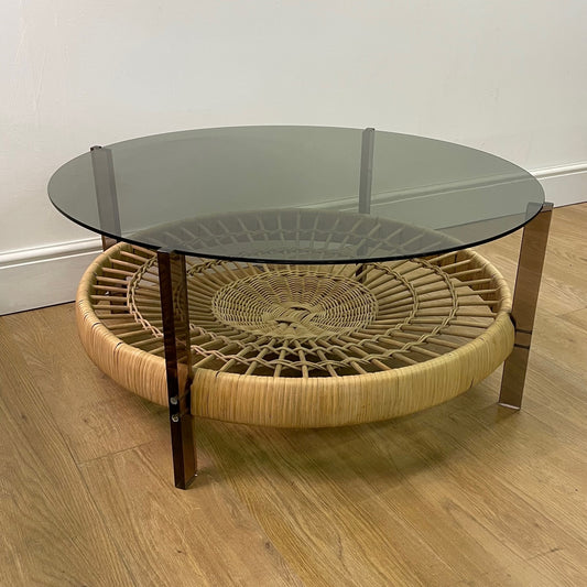 1970s glass perspex and wicker circular coffee table