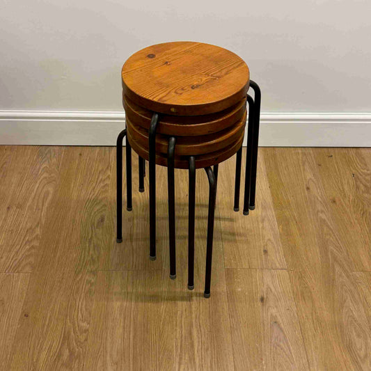 1970s pine stools on metal legs