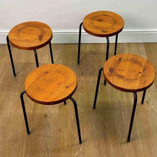 1970s pine stools on metal legs