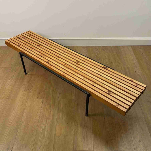 Swedish pine and steel long slatted bench