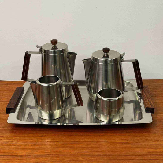 1960s rosewood & stainless steel tea set
