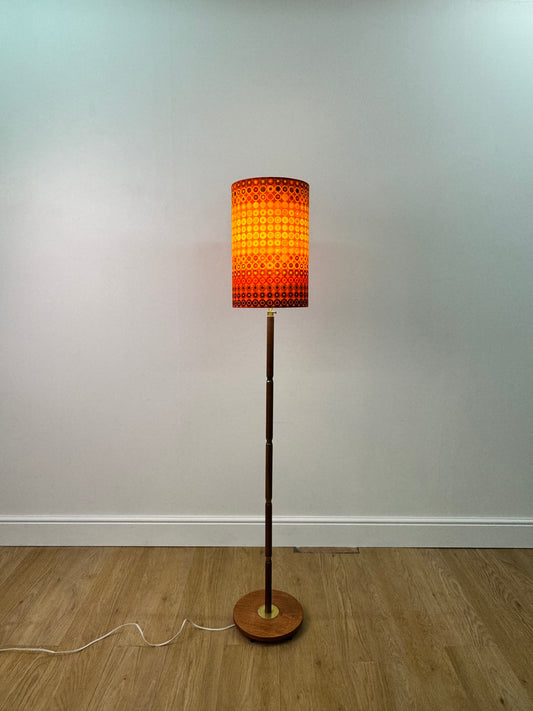 1960s teak and brass standard lamp with vintage fabric shade