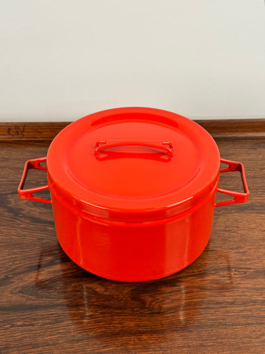 1960s red enamel cookware by Seppo Mallat