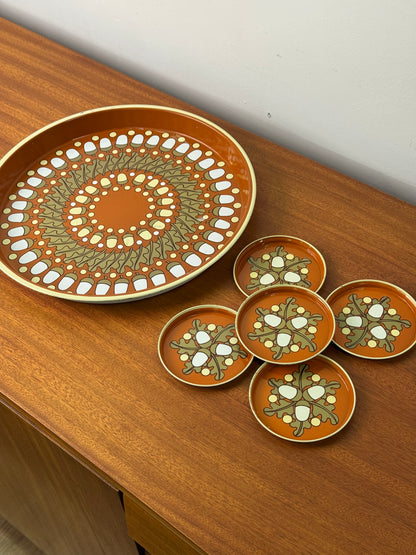 1960s metal tray and coaster set