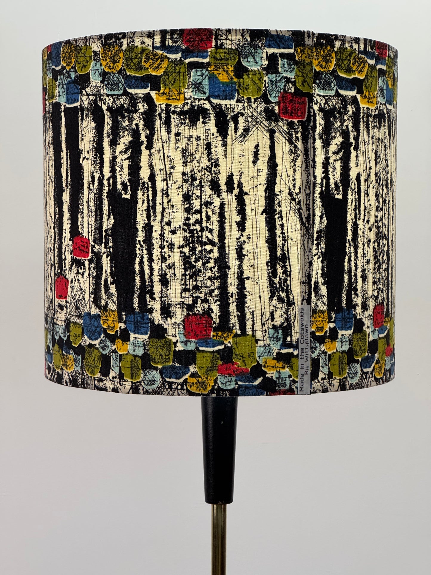 1950s black standard lamp with vintage fabric shade