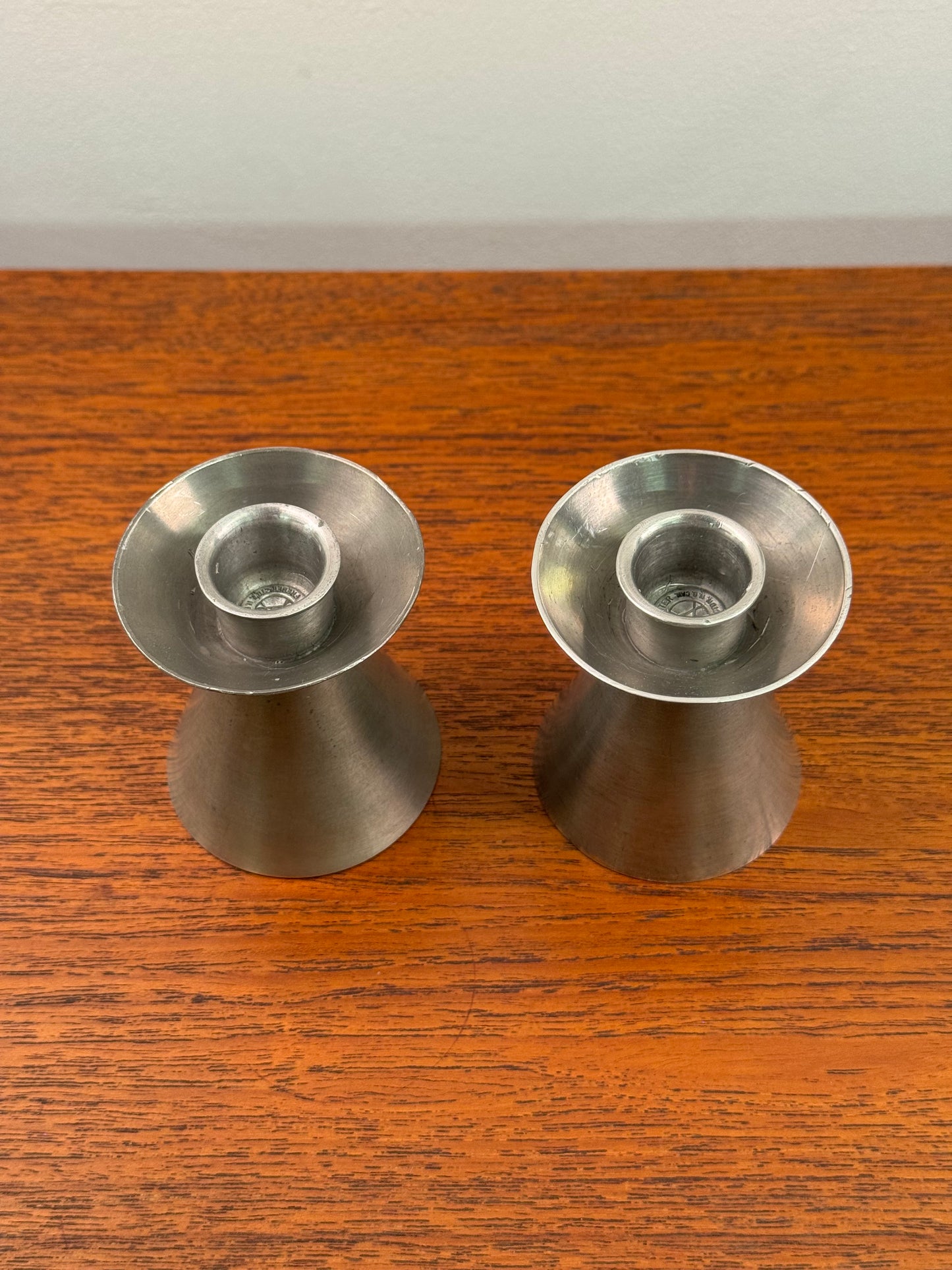 Pair of 1970s pewter candlesticks by Aitkens Canada
