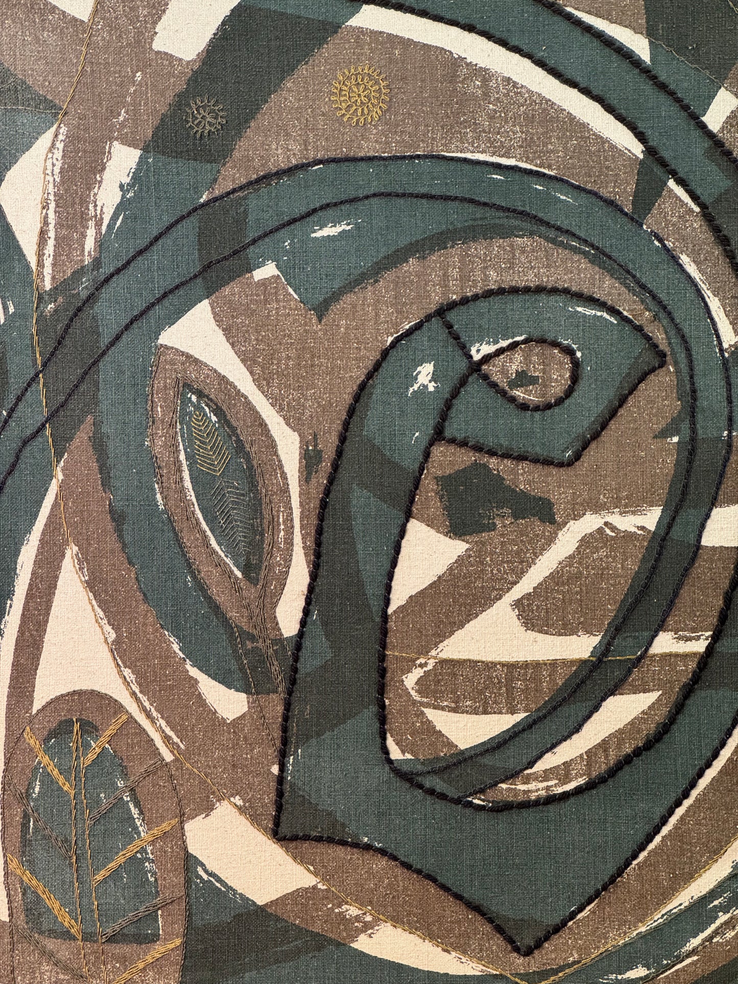 1960s textile screen print with embroidery by Irene Browning
