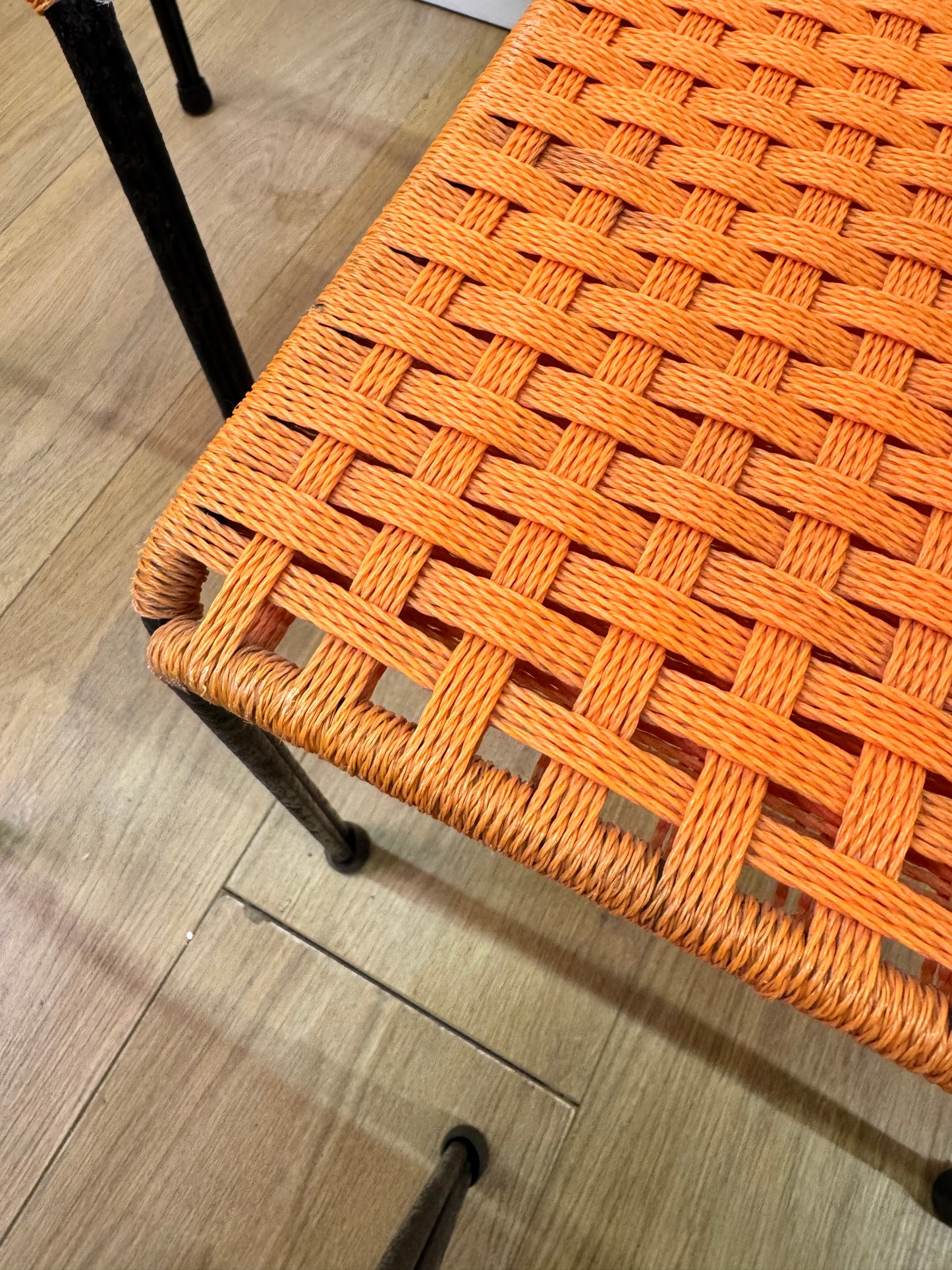 1950s woven stools on metal legs