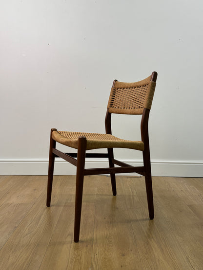 Set of two Danish teak dining chairs with corded seats