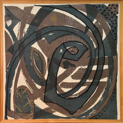 1960s textile screen print with embroidery by Irene Browning