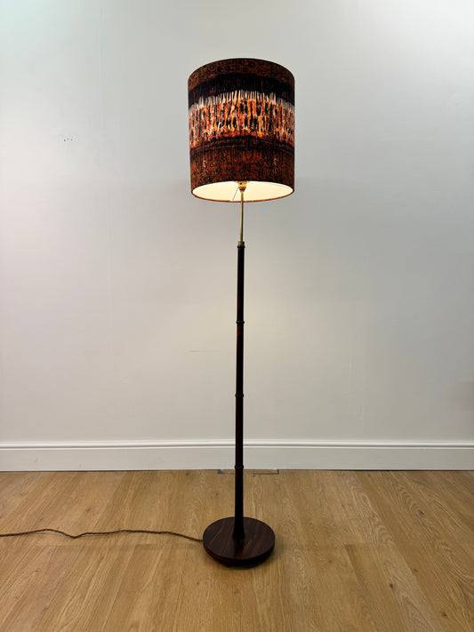 1960s rosewood and brass standard lamp with vintage Heals fabric shade
