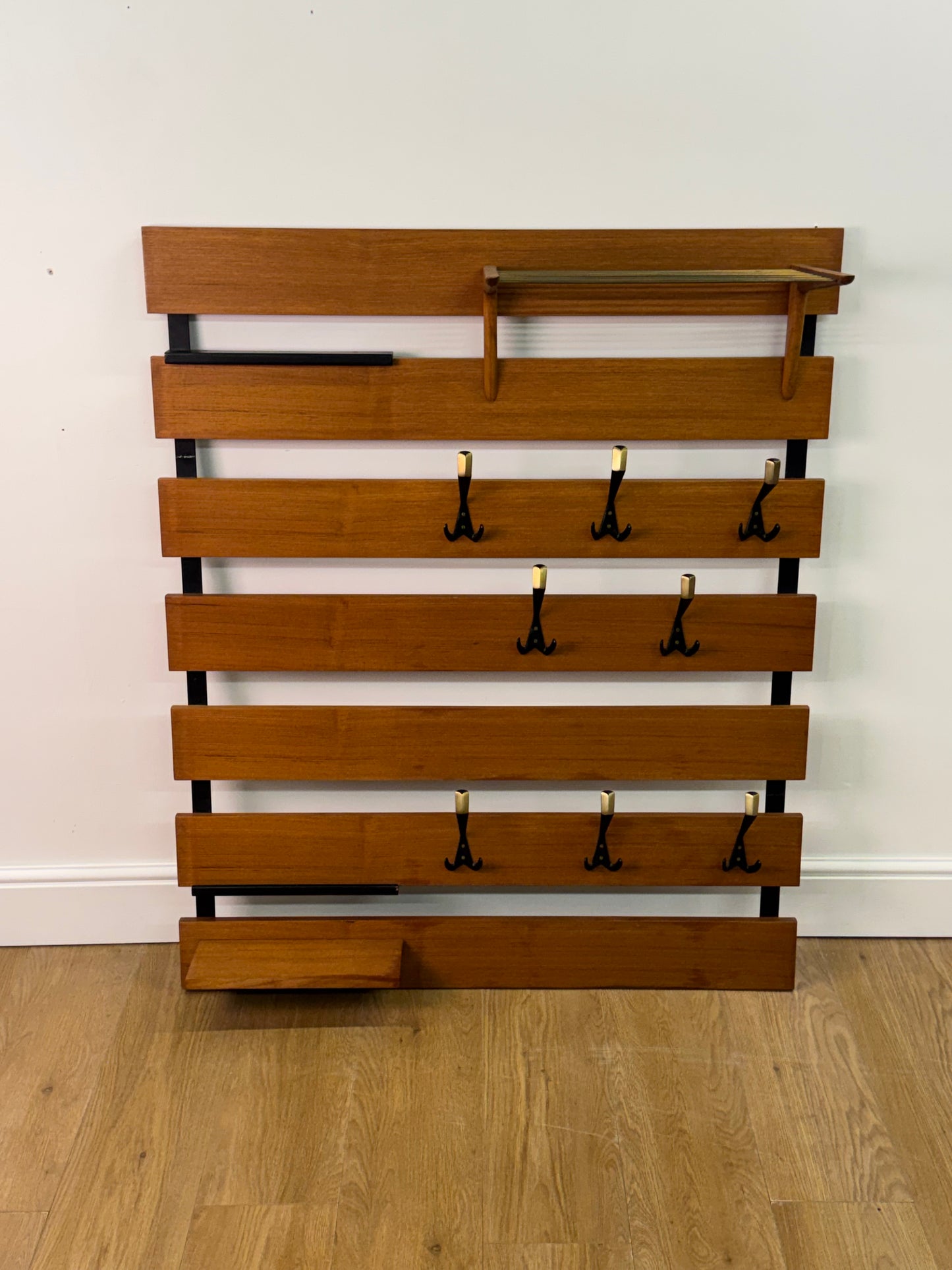 1960s slatted teak wall mounted coat stand