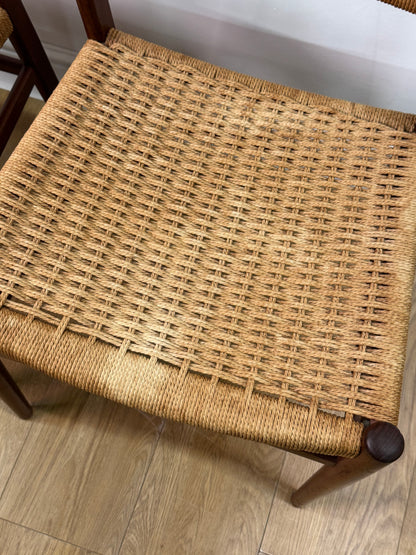 Set of two Danish teak dining chairs with corded seats