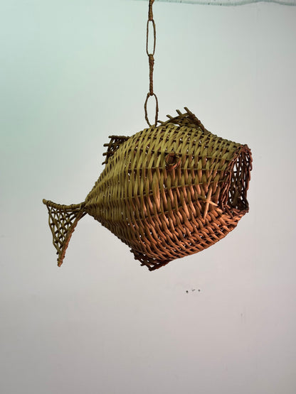1960s wicker fish hanging basket