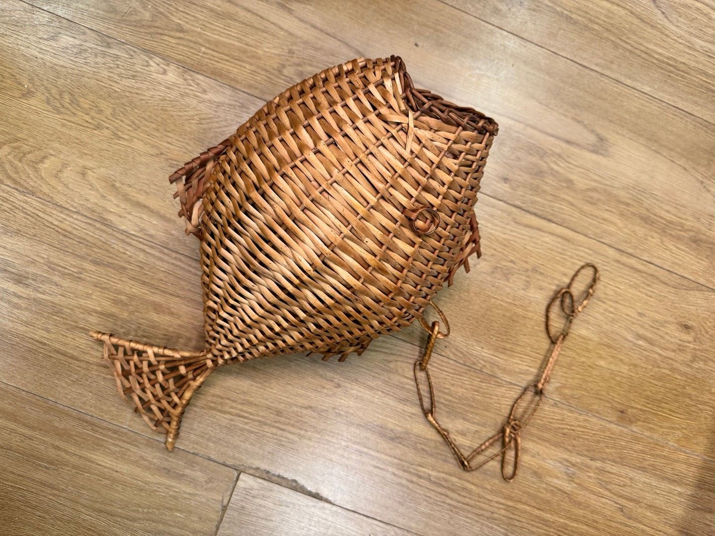 1960s wicker fish hanging basket