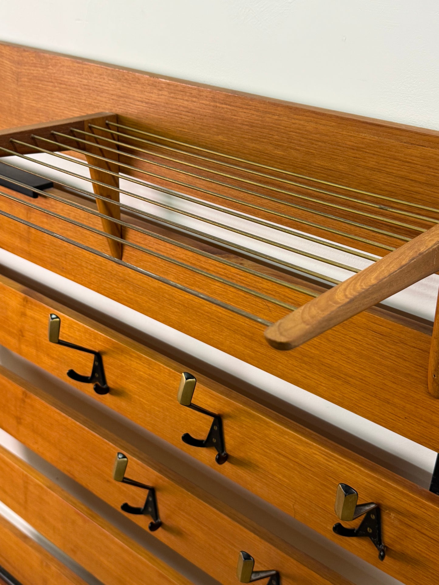 1960s slatted teak wall mounted coat stand
