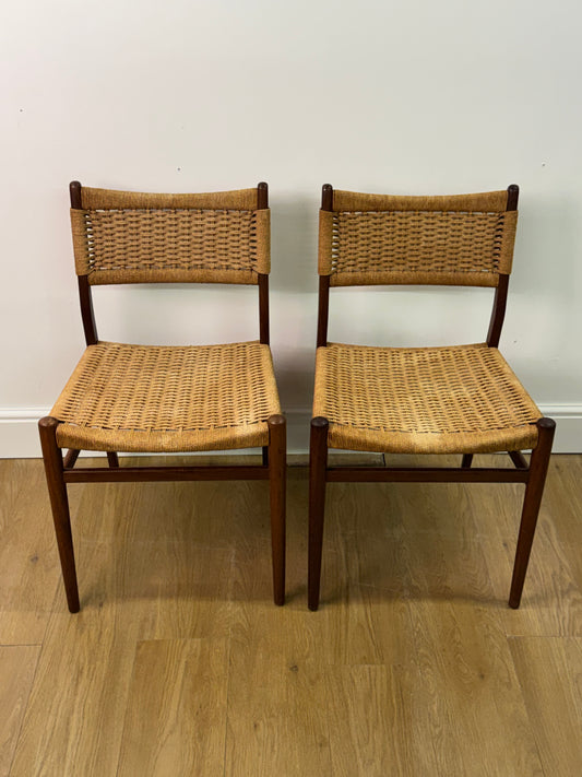 Set of two Danish teak dining chairs with corded seats
