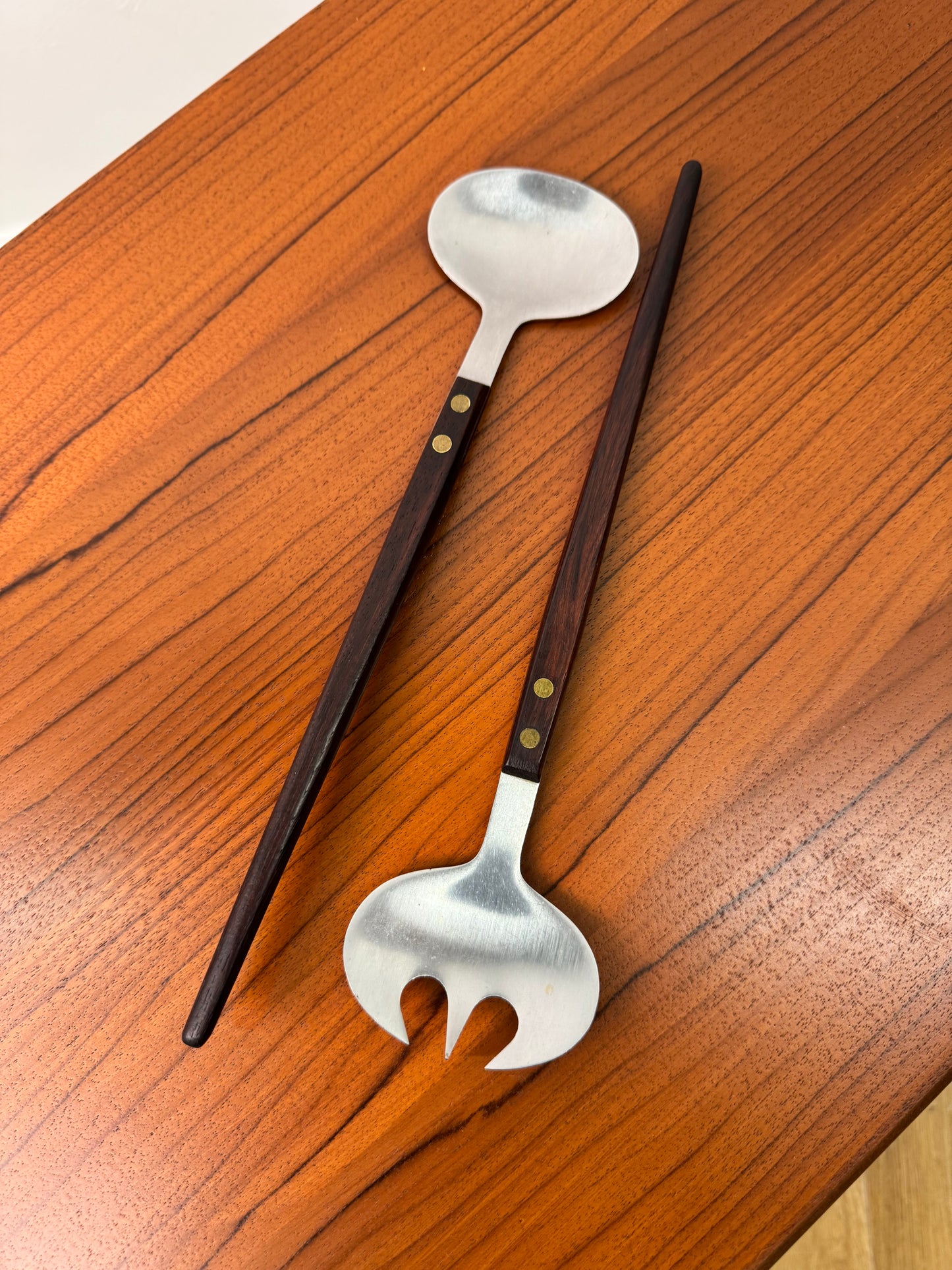 Stainless steel and teak salad servers