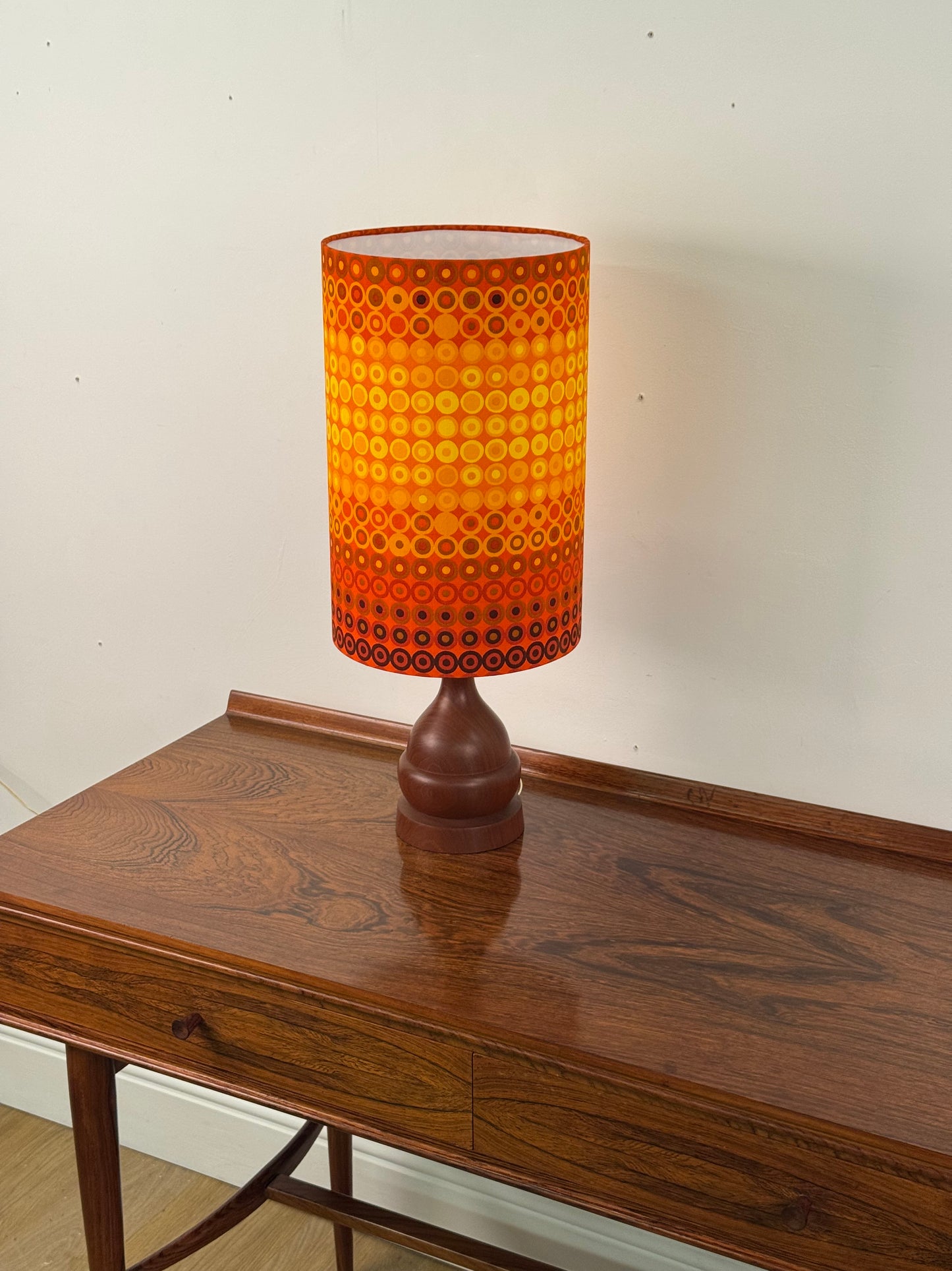 1960s teak table lamp with vintage fabric shade