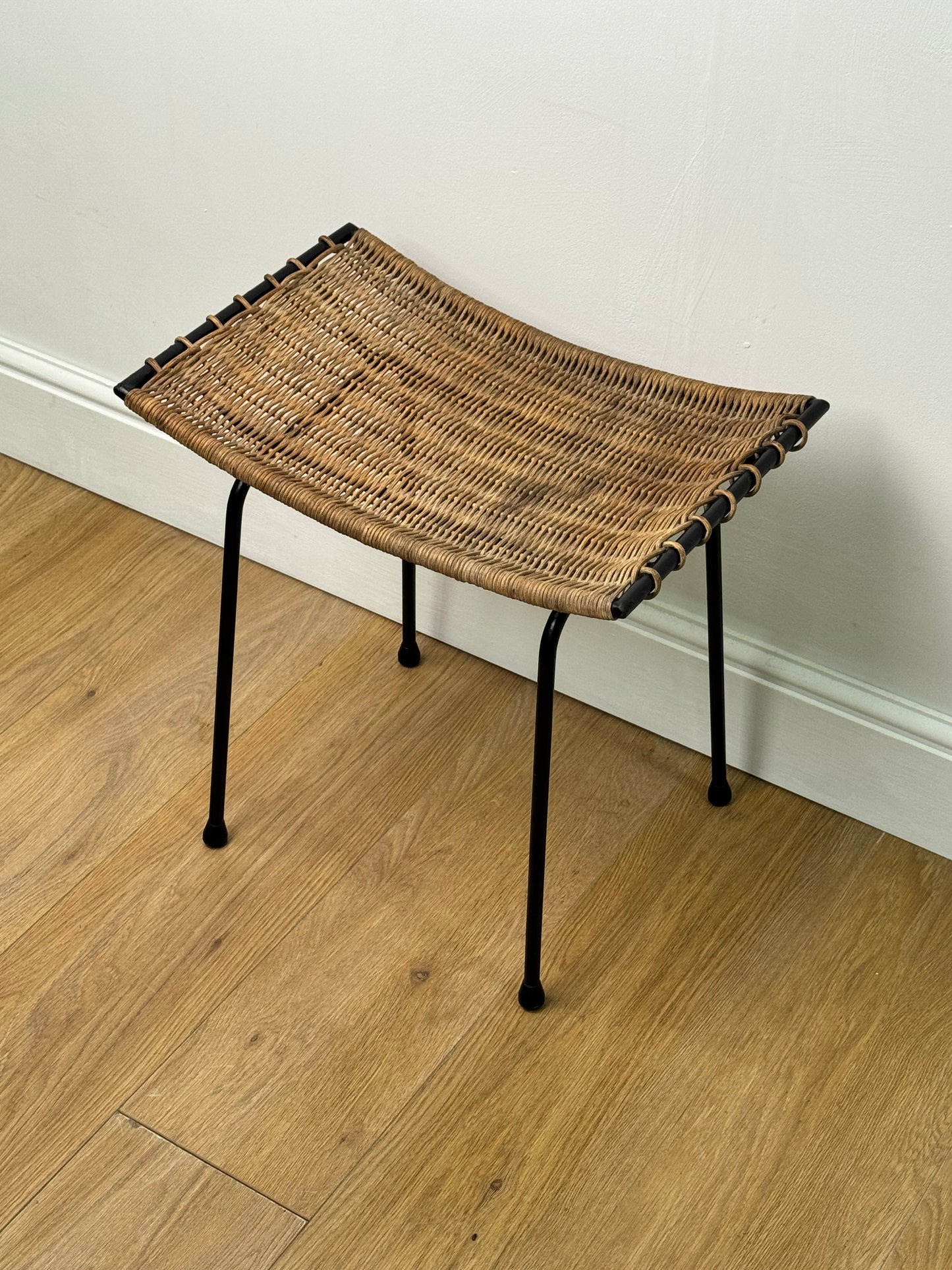 1950s wicker stool on metal legs