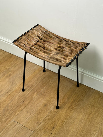 1950s wicker stool on metal legs
